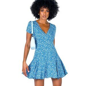 Princess Polly The Sting Mini Dress Blue Lined Floral Skater Boho Women's Size 8